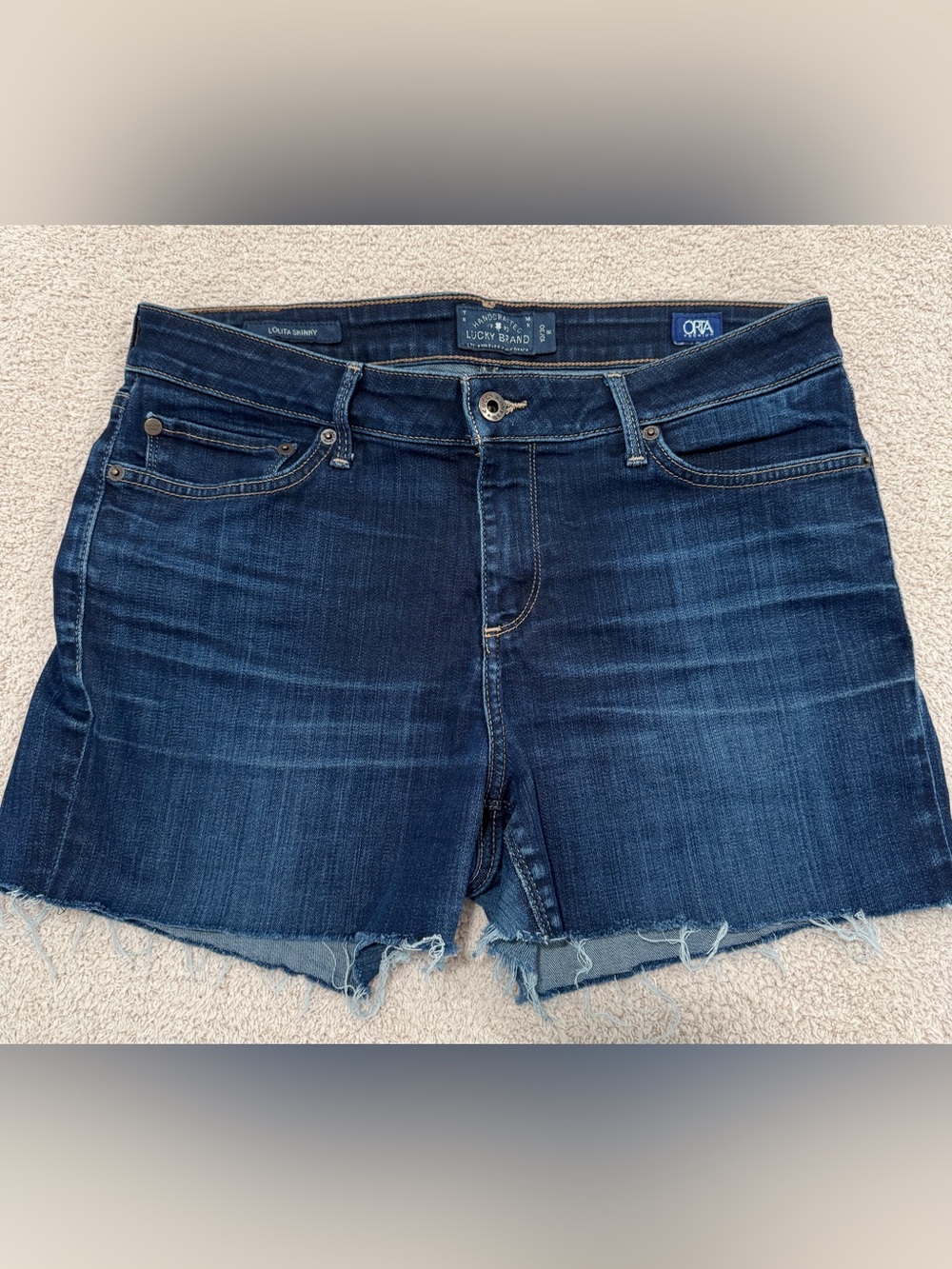 Lucky Brand Lolita Skinny Cut‑Off Denim Shorts Raw Hem Dark Wash Size 10/30